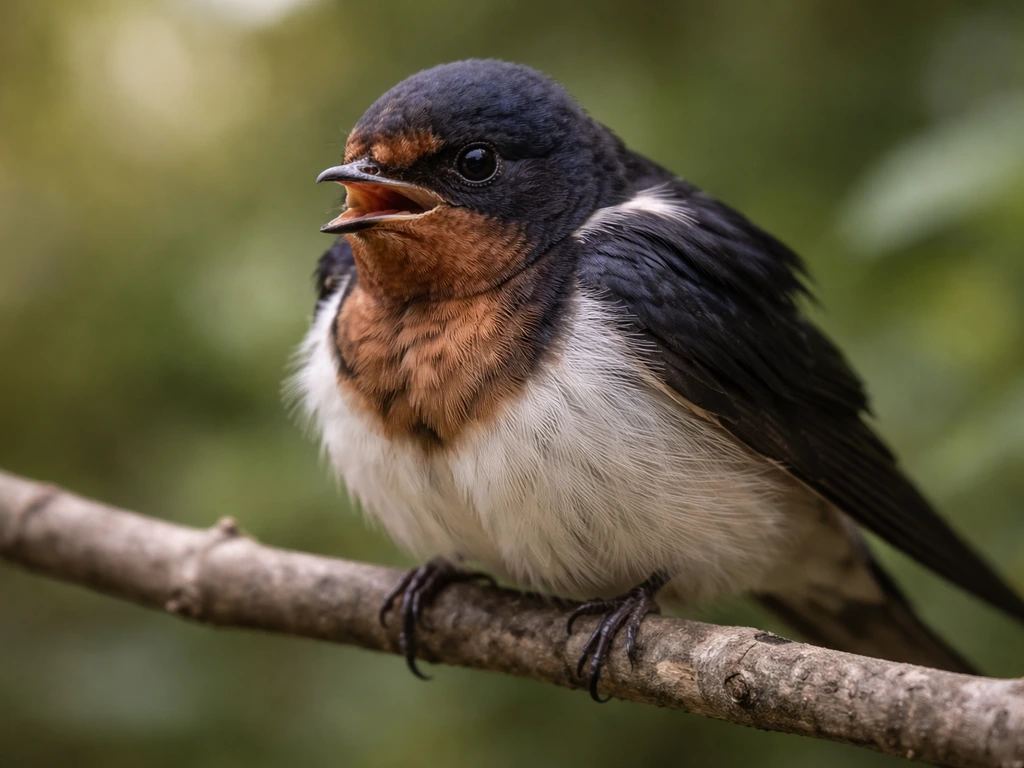 Unwell small bird perched with focus on its throat area, suggesting trouble and urgency