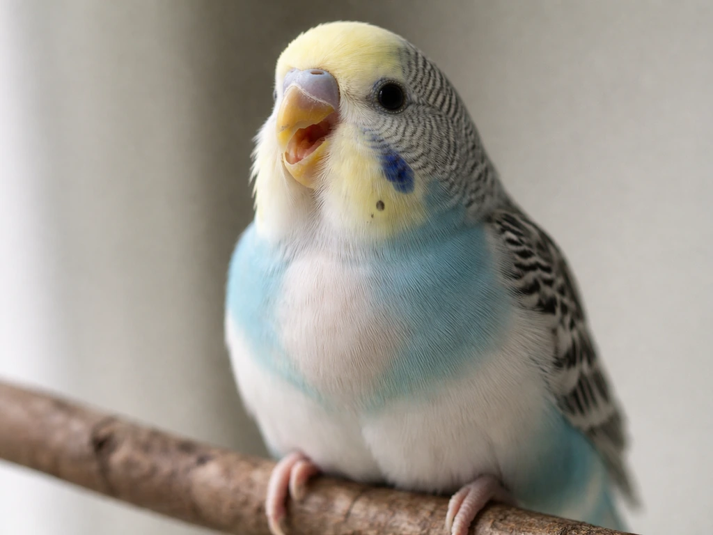 Close-up of a small bird perched, beak slightly open as if swallowing, crop area visible.