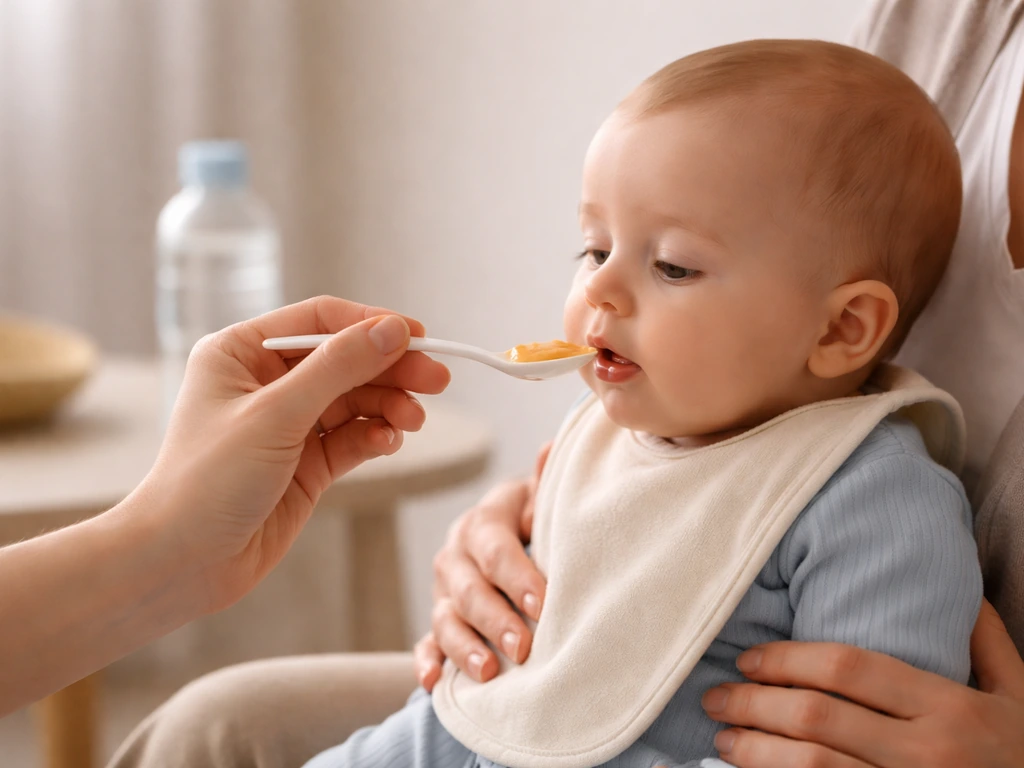 Caregiver gently spoon-feeding an infant in a safe upright position, with water bottle in background