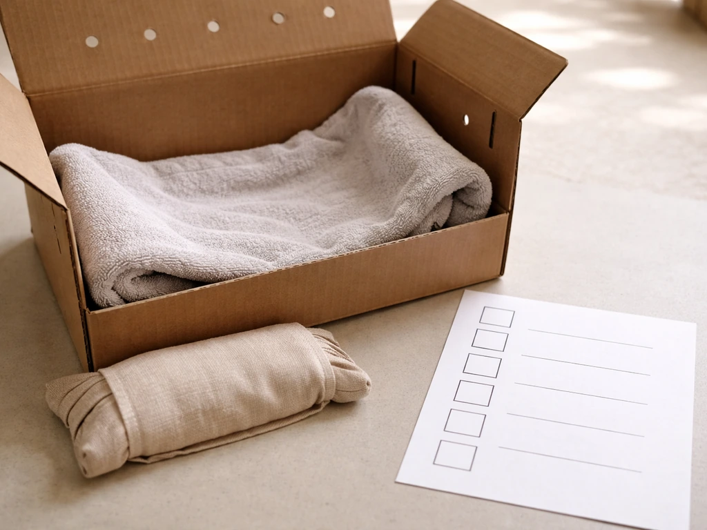 Warm towel-lined carrier with a nearby wrapped heat source and a blank checklist layout for bird first aid.