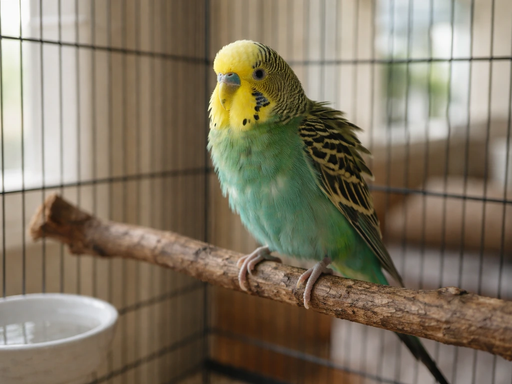 A small pet bird in a home enclosure, tense and alert with stressed posture on a perch