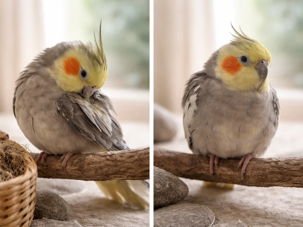 Close-up of a pet bird calmly preening and investigating, with a subtle hint of off behavior in another corner.