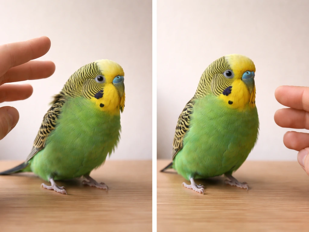 A parrot shows tense, fearful body language beside a calm, relaxed interaction with a nearby hand.