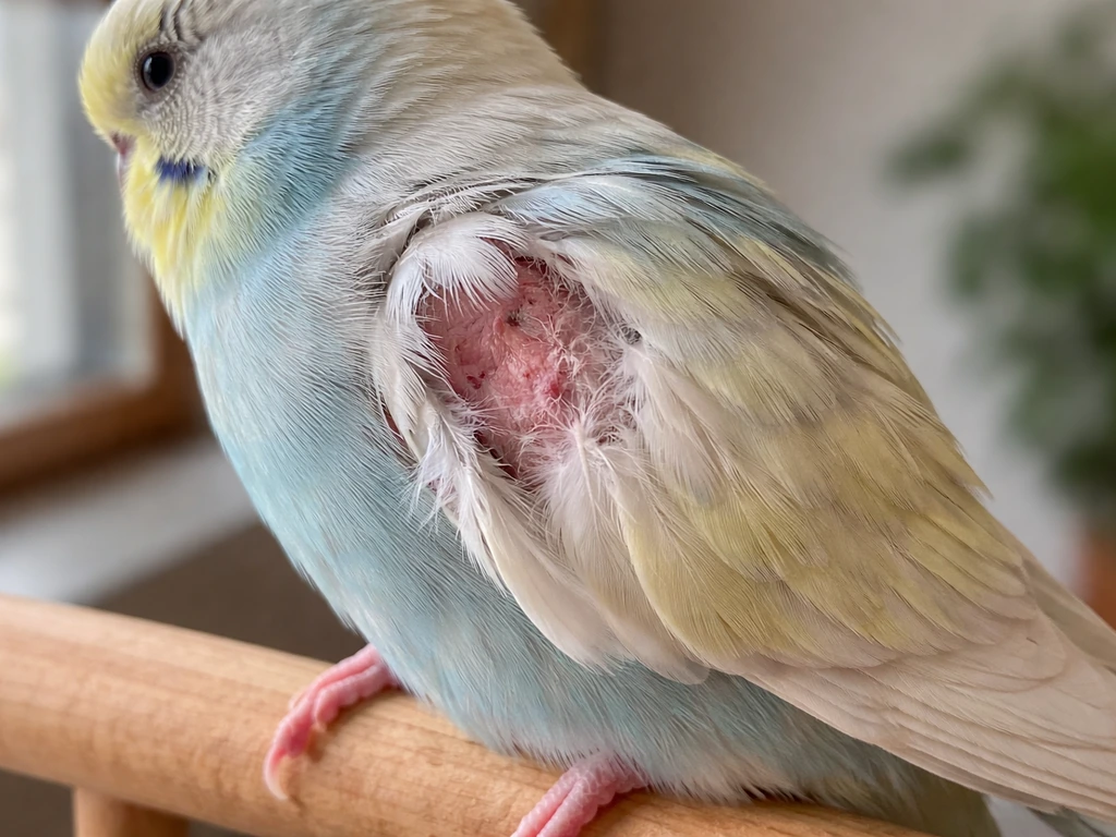 Close-up of a perched bird showing a patchy feather-plucked area with healthier plumage nearby.