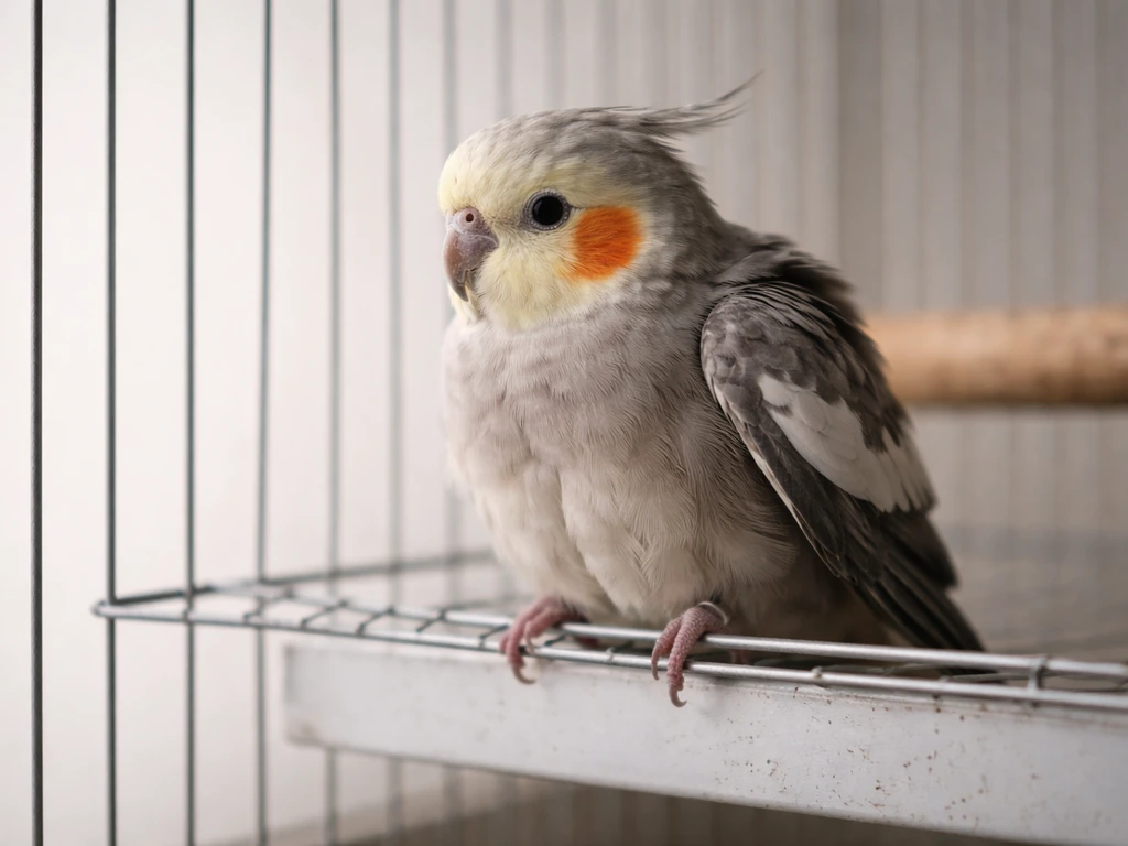 Small pet bird fluffed and guarded on a simple perch inside a quiet cage, suggesting discomfort or pain.