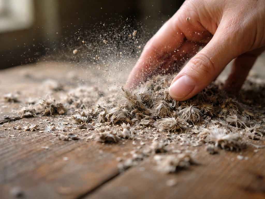 Close-up of dry bird droppings and feather dust stirred up, with dust particles drifting in light.