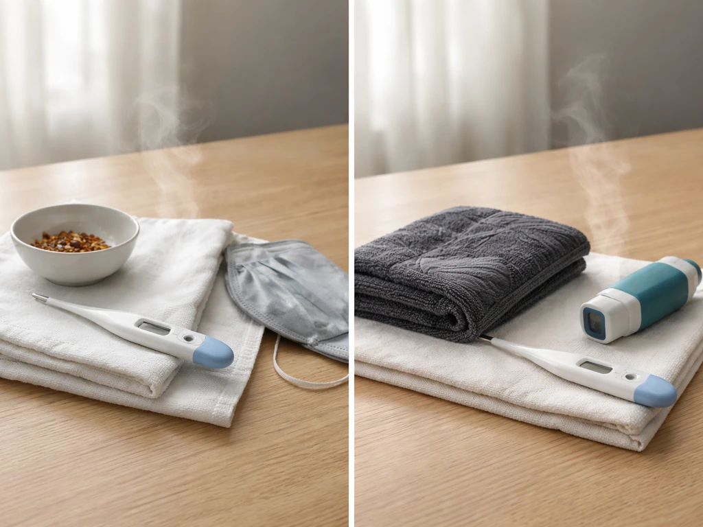 Minimal photo split into two halves with objects suggesting fever, cough, and breathlessness onset triggers for two illn