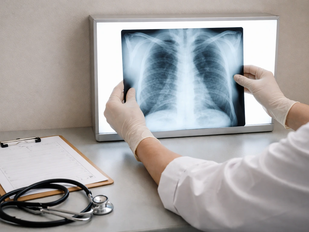 Clinician’s gloved hands reviewing a chest imaging film with a blank exposure checklist nearby.