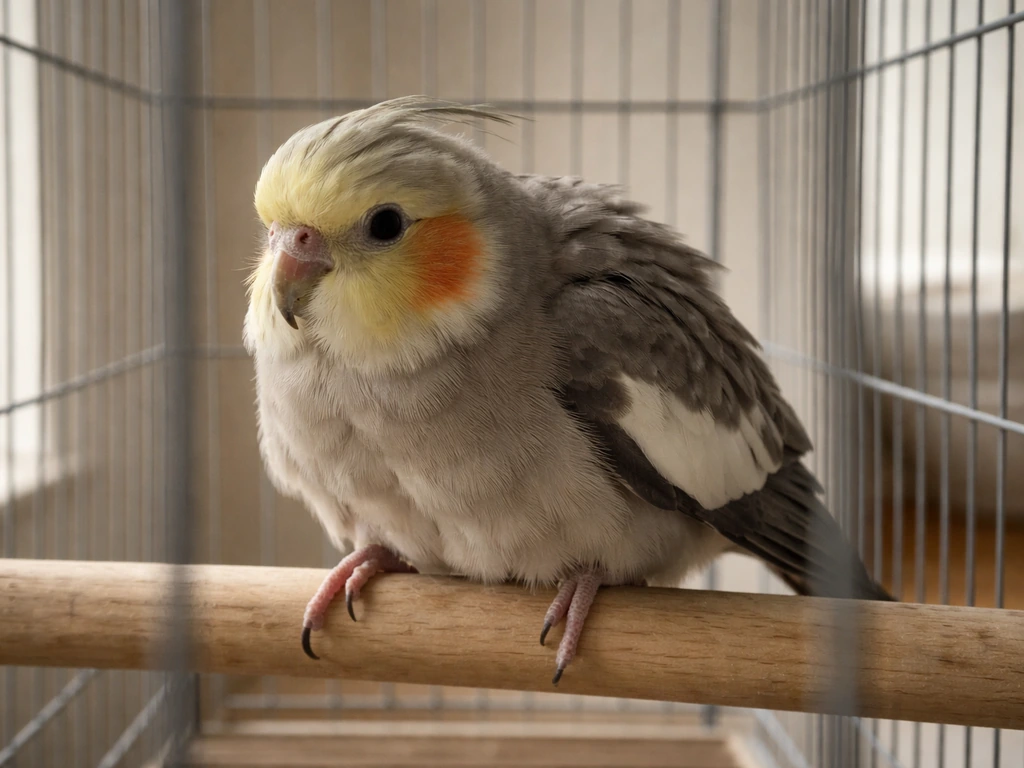 Close-up of a small pet bird in a cage, fluffed feathers showing subtle stress or illness.