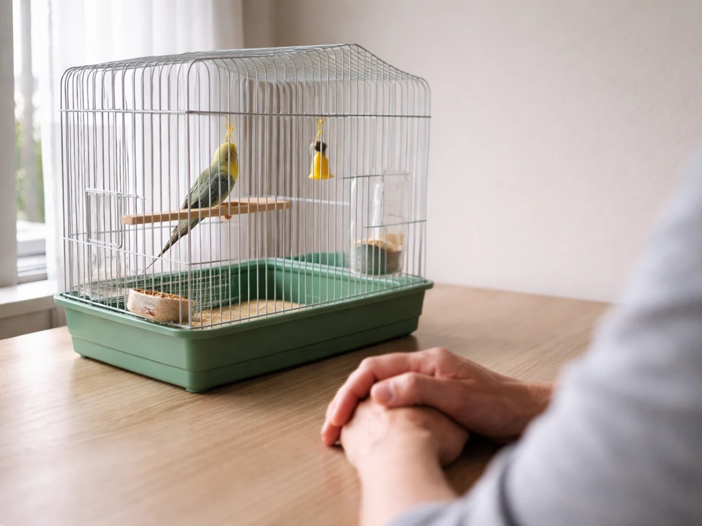 Caregiver gently watching a pet bird in a quiet room to observe breathing and chest movement.