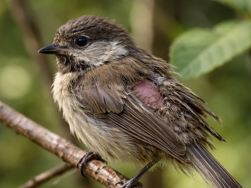 Close-up of a small bird with ruffled feathers and a visible bald patch on its body.