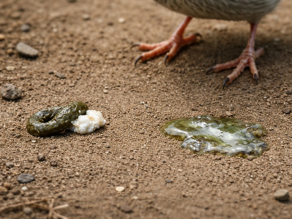 Minimal ground scene showing normal droppings with white urates and a separate watery droplet-like smear.