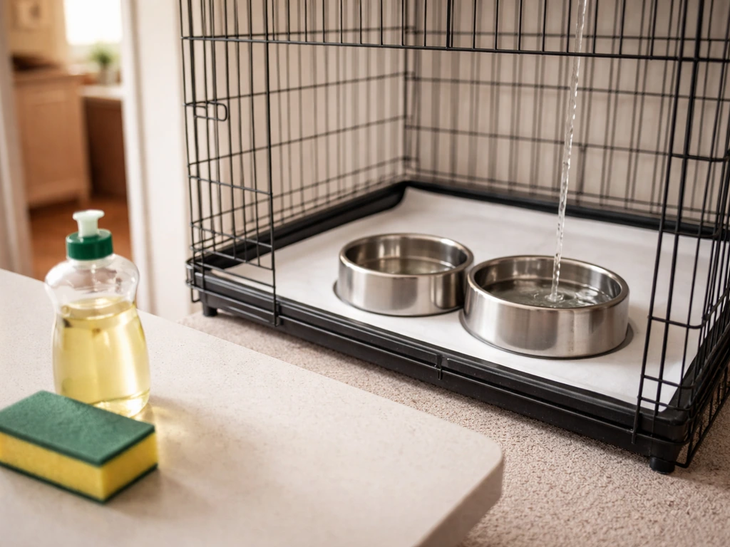 Clean pet cage setup with fresh liner, washed food and water bowls, and cage placed away from kitchen.