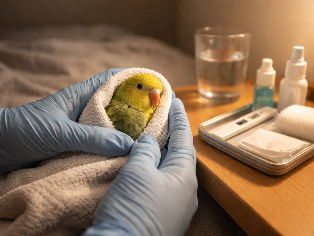 Gloved caregiver gently supports a small pet bird wrapped in a towel beside a simple first-aid kit.