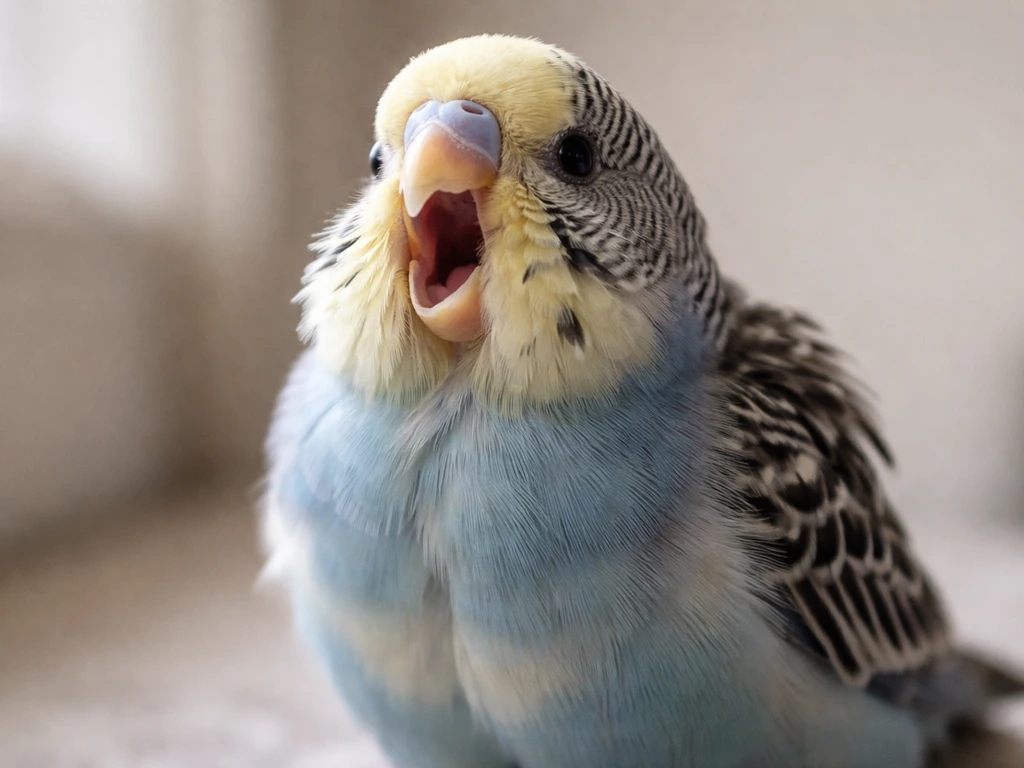 Close-up of a small bird in open-mouth breathing with visible respiratory distress.