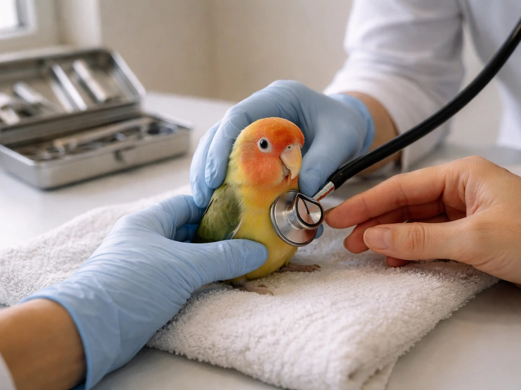 A vet in an avian clinic gently examines a small bird with a stethoscope after a coughing episode.