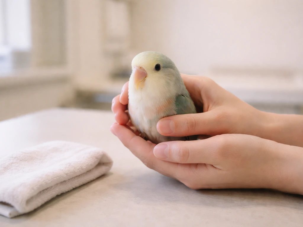 Minimal photo of a bird caregiver holding a small bird near a clean clinic table