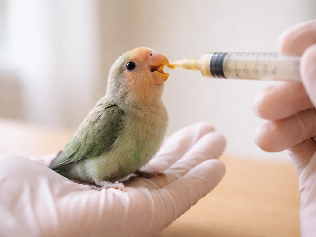 Close-up of a caregiver’s gloved hand feeding a small bird with a syringe while it stays upright