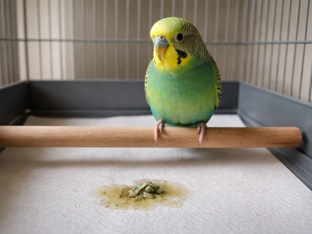 Small pet bird in its cage with absorbent liner showing a visible loose droppings area.