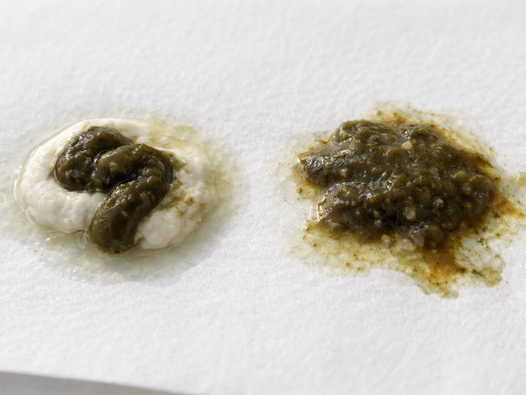 Close-up comparison of normal bird droppings (three parts) vs loose diarrhea droppings on a white surface.