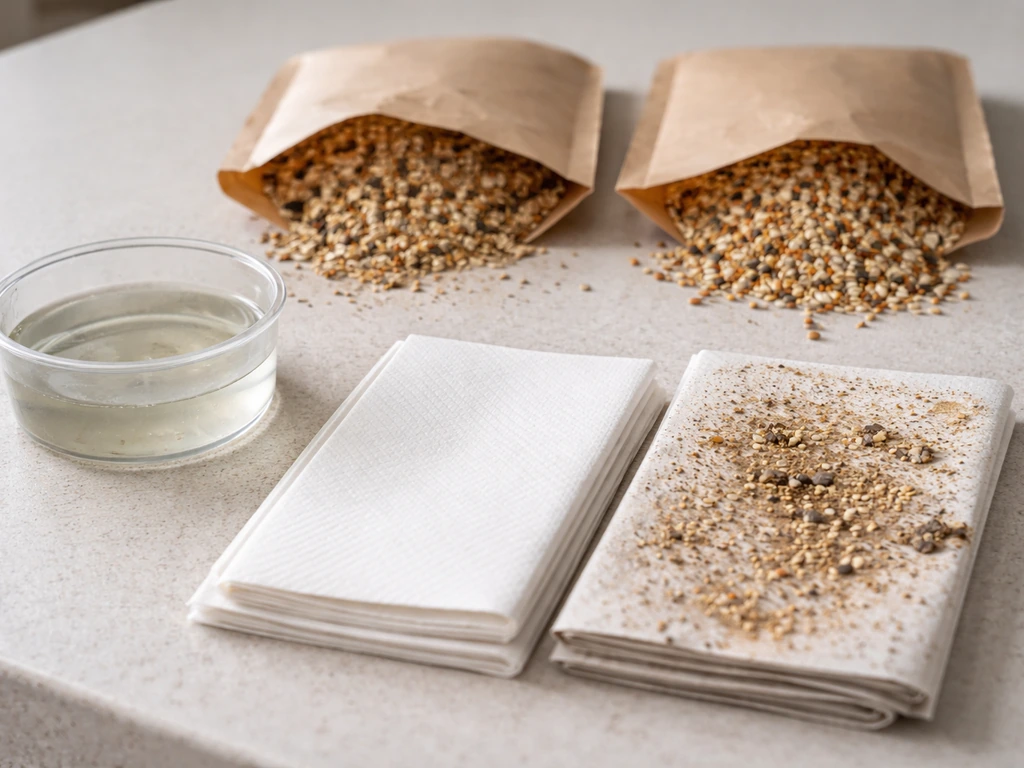 Minimal bird care scene: old vs new seed mix packets, a cloudy water bowl, and fresh vs soiled cage liner.