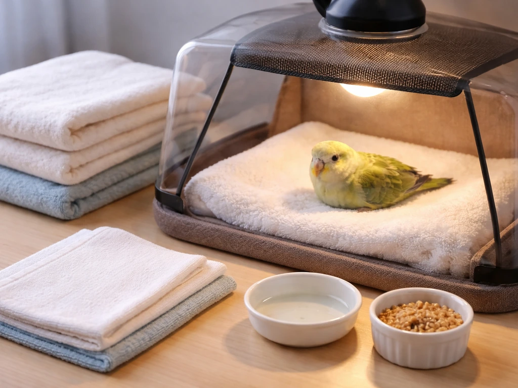 Small bird resting on clean liners in a warm, safe at-home monitoring setup with water and soft food nearby.