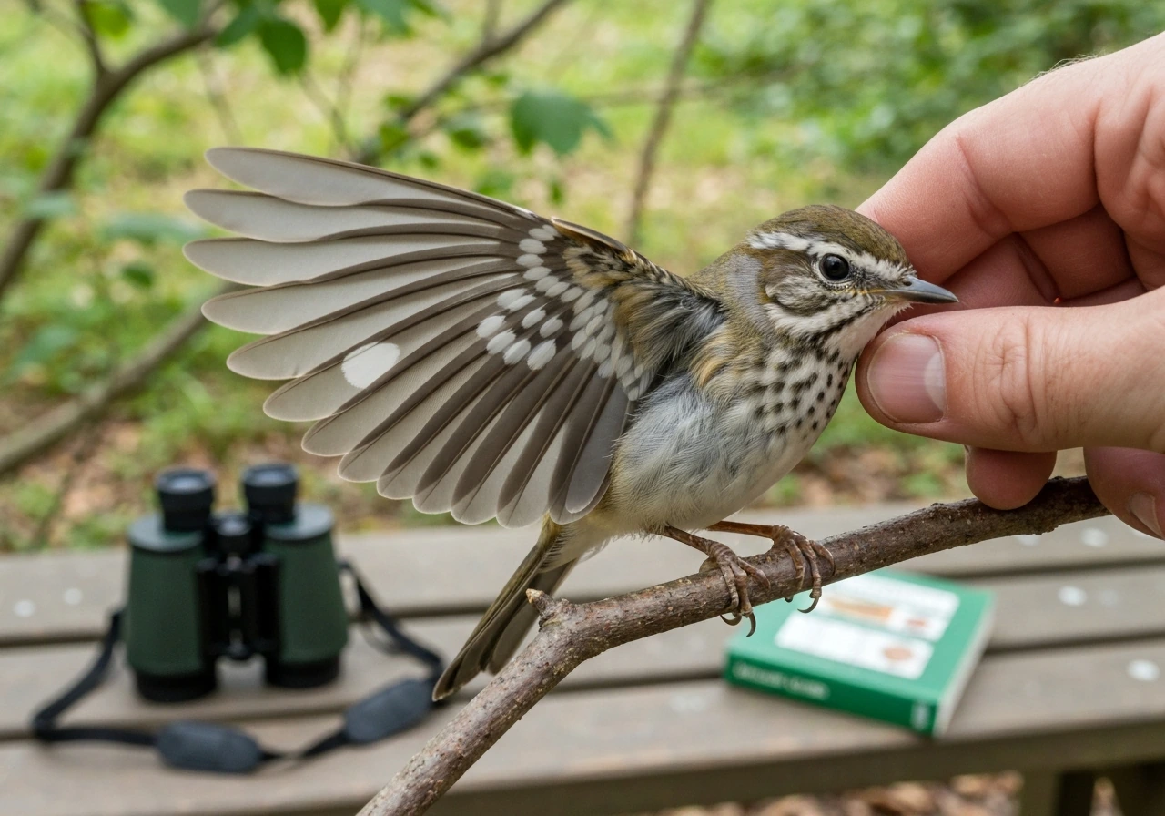 Bird perched with wing shown to highlight white spots for ID and health checks