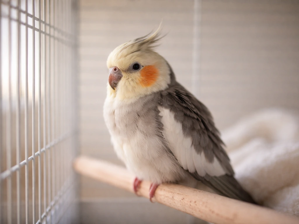 A pet cockatiel perched in a simple cage under natural window light, suggesting an at-home health check.