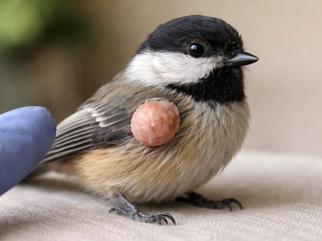 Small bird with a visible external skin lump, photographed with a gloved finger or ruler for scale.