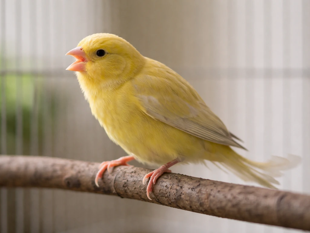 Side view of a small bird with open-mouth breathing and noticeable tail bobbing, in a simple indoor setting