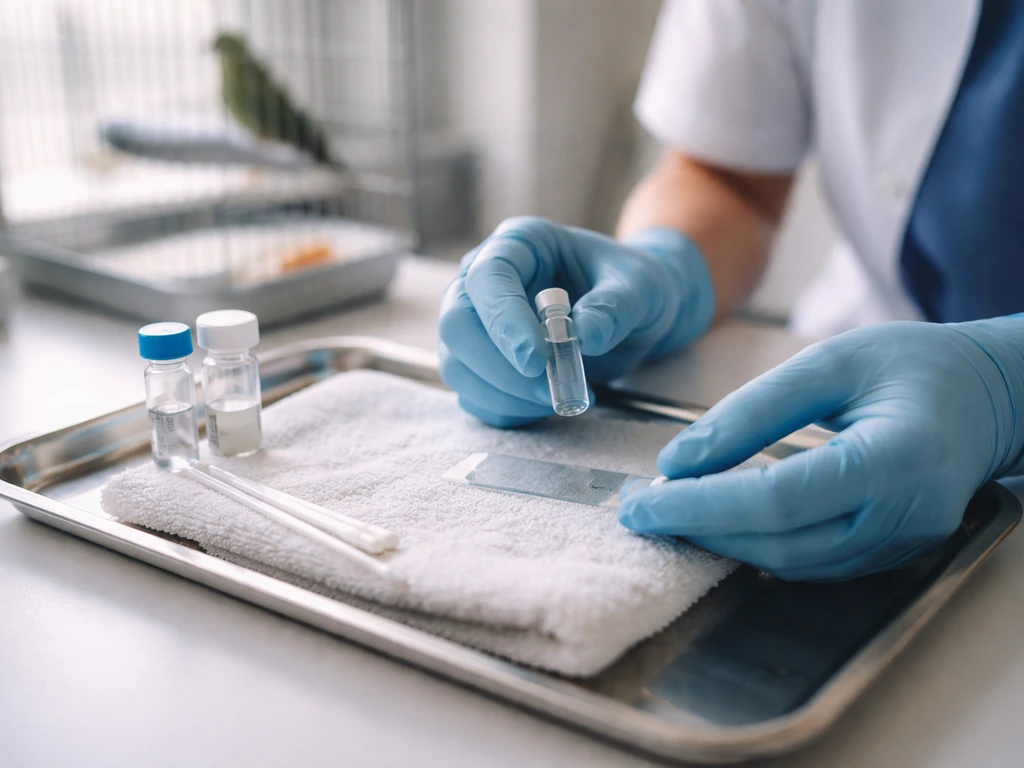 Anonymous avian vet palpating a patient while preparing lab sample vials and microscope slides on a tray