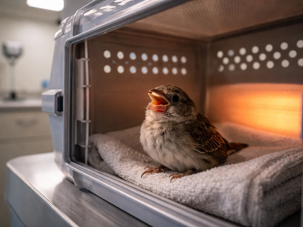 A small bird in a ventilated carrier shows acute breathing distress in a vet-like emergency setting.