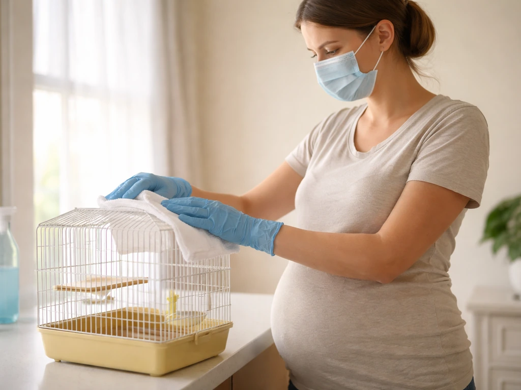 Anonymous pregnant person wearing gloves and a mask carefully cleaning near a bird cage indoors.