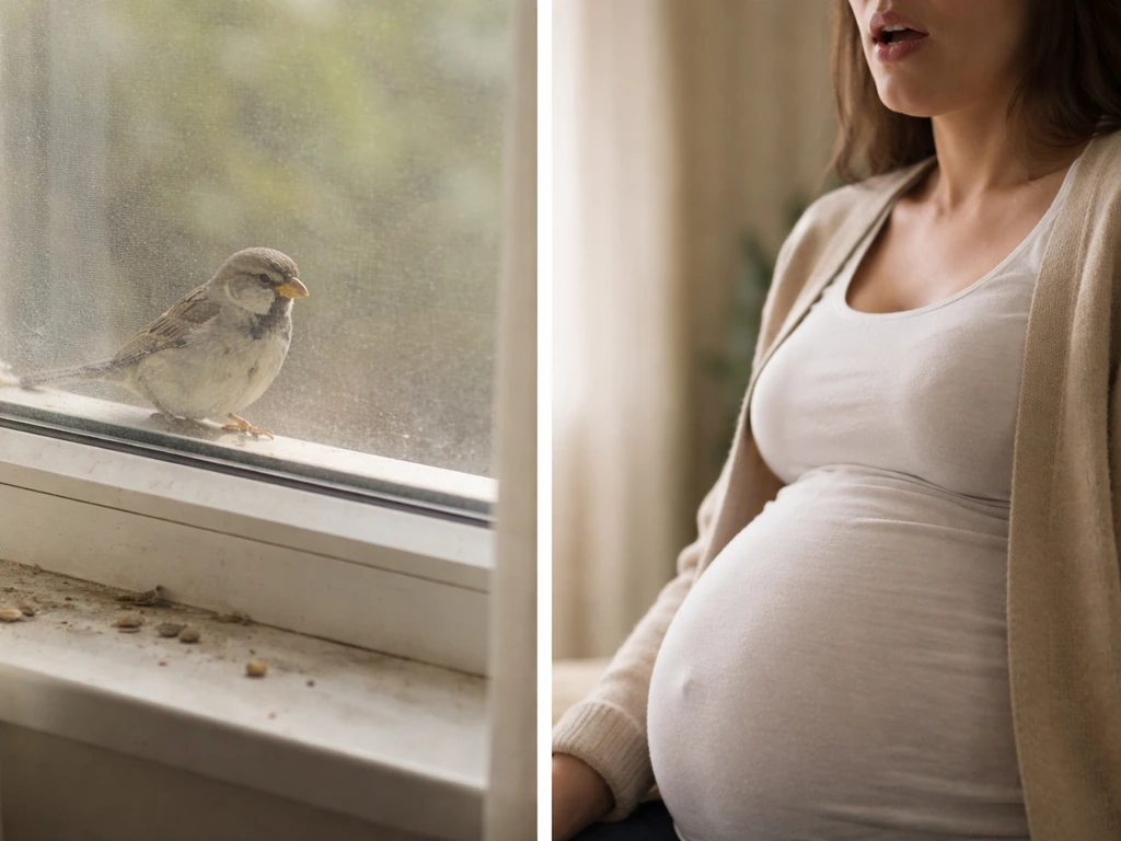 Minimal split photo showing bird exposure near a window and mild respiratory discomfort in pregnancy.