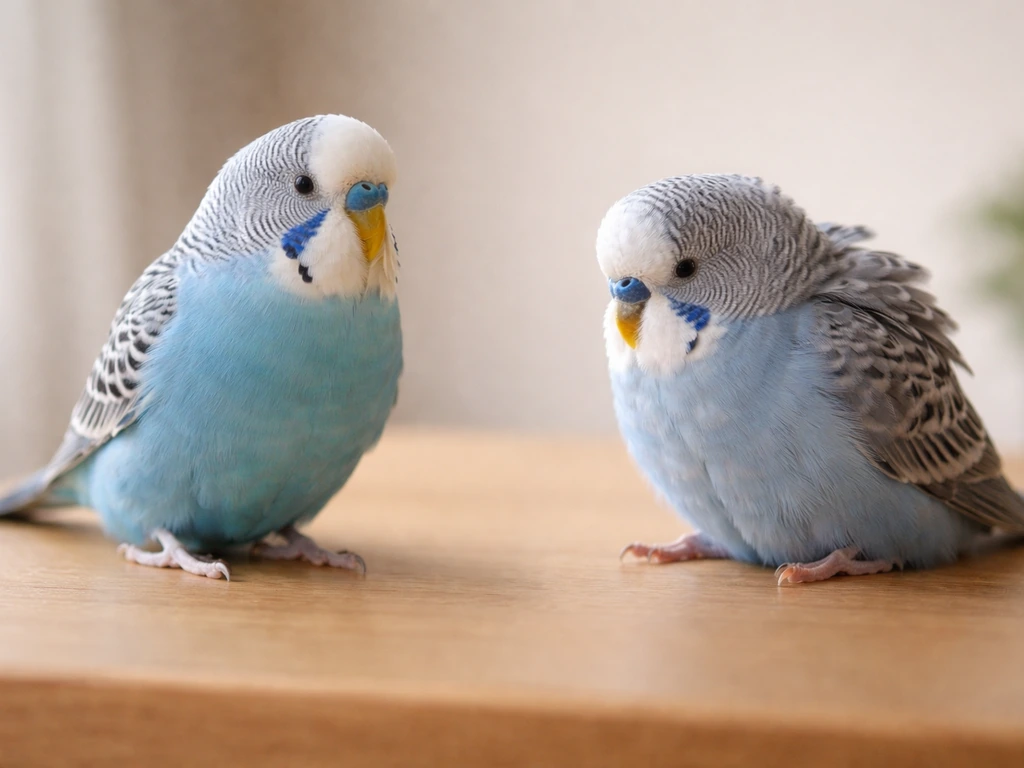 Side-by-side healthy and visibly unwell pet birds showing posture and breathing differences on a simple perch.