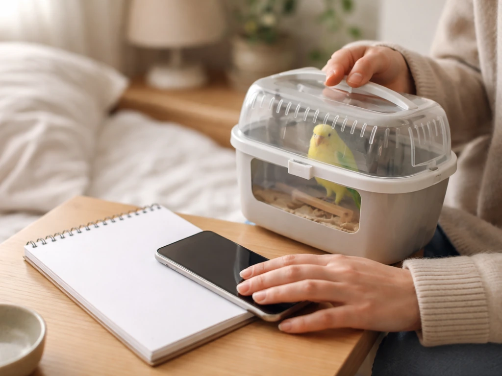 Minimal photo of a person holding a small bird carrier with a phone and notebook nearby.