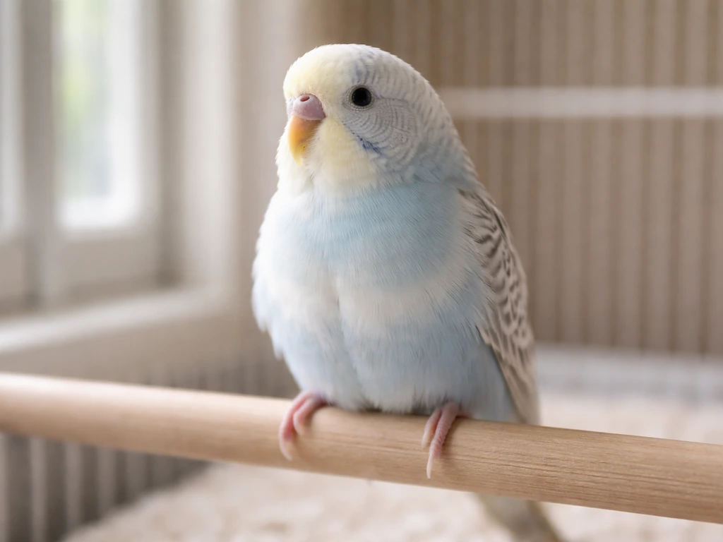 Close-up of a small pet parakeet perched indoors, subtle signs of breathing difficulty implied by posture.