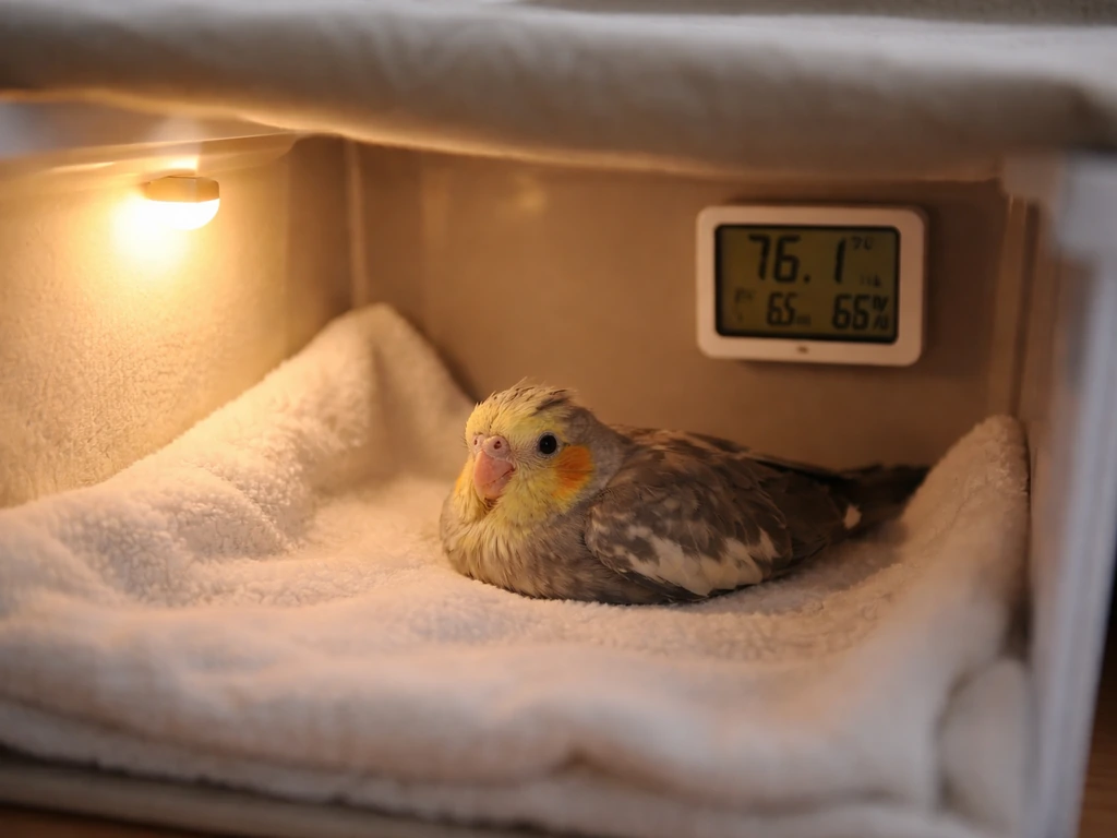 A small bird resting in a covered warm home brooder with thermometer and hygrometer visible.