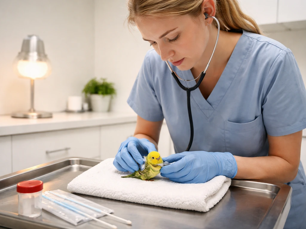 Avian veterinarian examining a small bird’s breathing and preparing respiratory swabs for testing.
