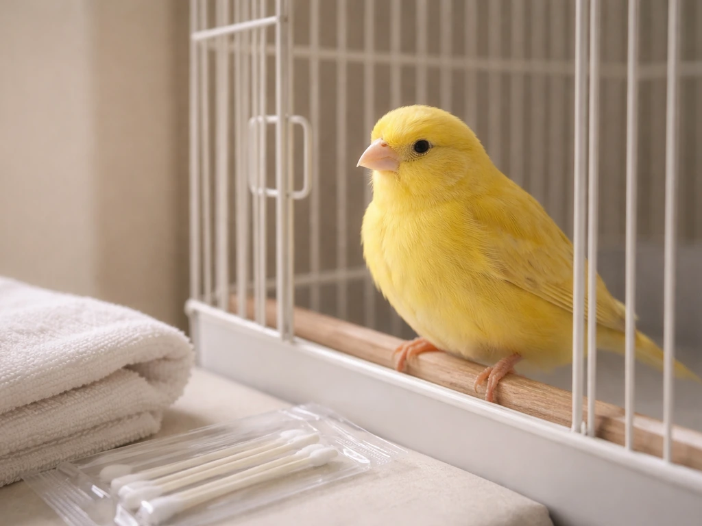 A canary perched in its cage with a calm-but-alert look beside small veterinary items.
