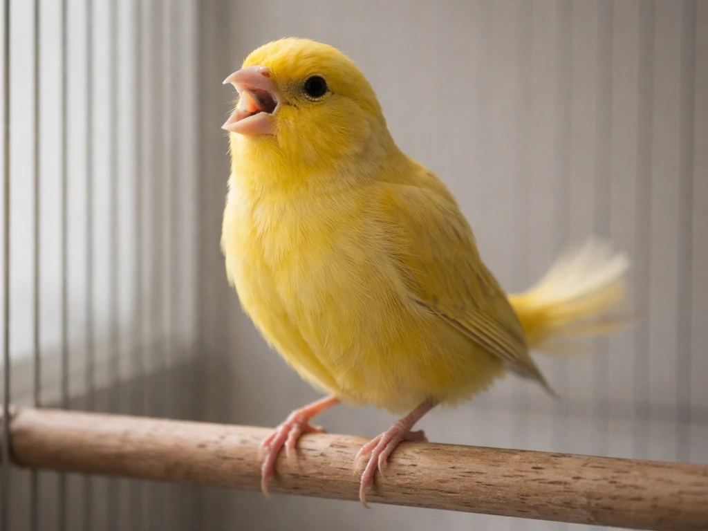 Close-up of a canary in a quiet cage with open-mouth breathing and visible tail bobbing at rest.