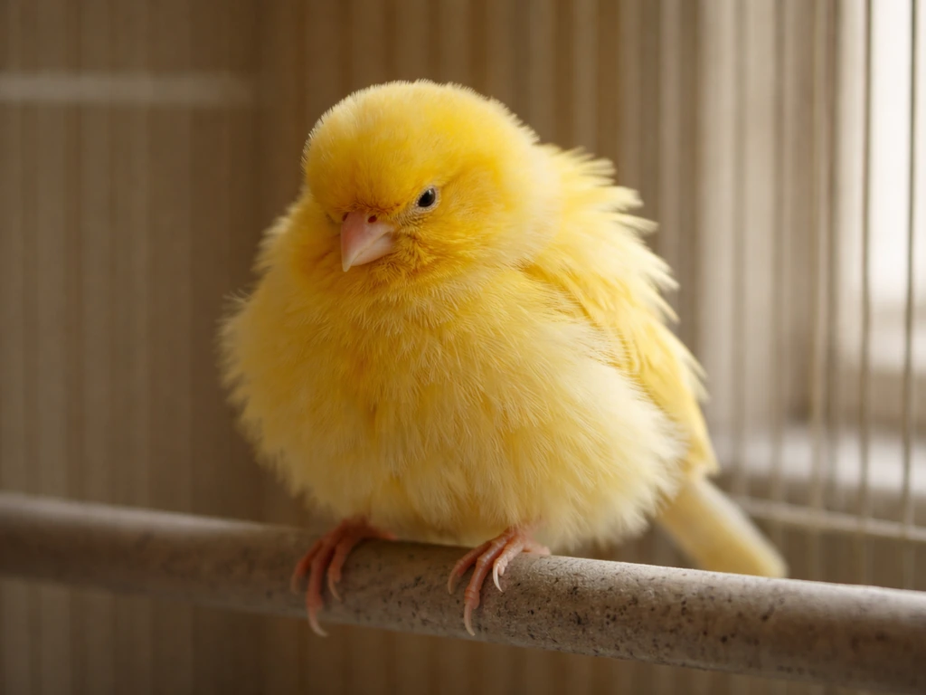 Yellow canary fluffed up and hunched on a perch inside a quiet cage
