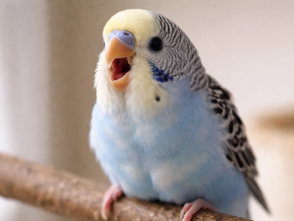 Close-up of a small pet bird with open-mouth gasping and visible breathing effort, urgent feeling