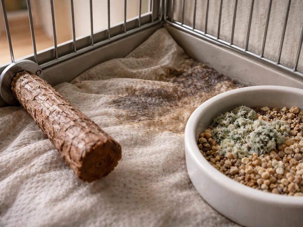 Close-up of a bird-safe perch near damp bedding with visible moldy food debris in soft natural light.