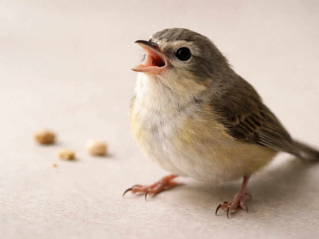 Close-up of a small bird with open beak showing sudden breathing distress beside a blurred tiny object on a clean surfac