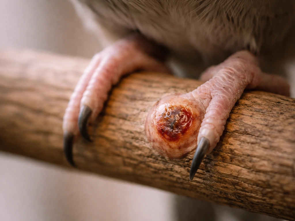 Close-up of a bird foot on a wooden perch showing an irritated raised bumblefoot lesion on the pad.
