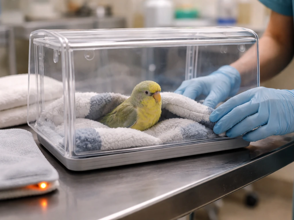 Small pet bird in a recovery carrier on a vet exam table, with cautious triage atmosphere