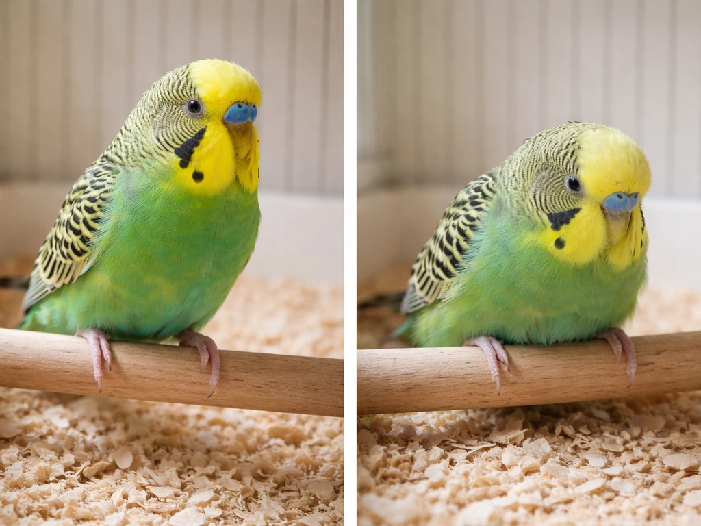 Side-by-side pet birds: one alert, the other weak and uncoordinated with tremor-like symptoms.