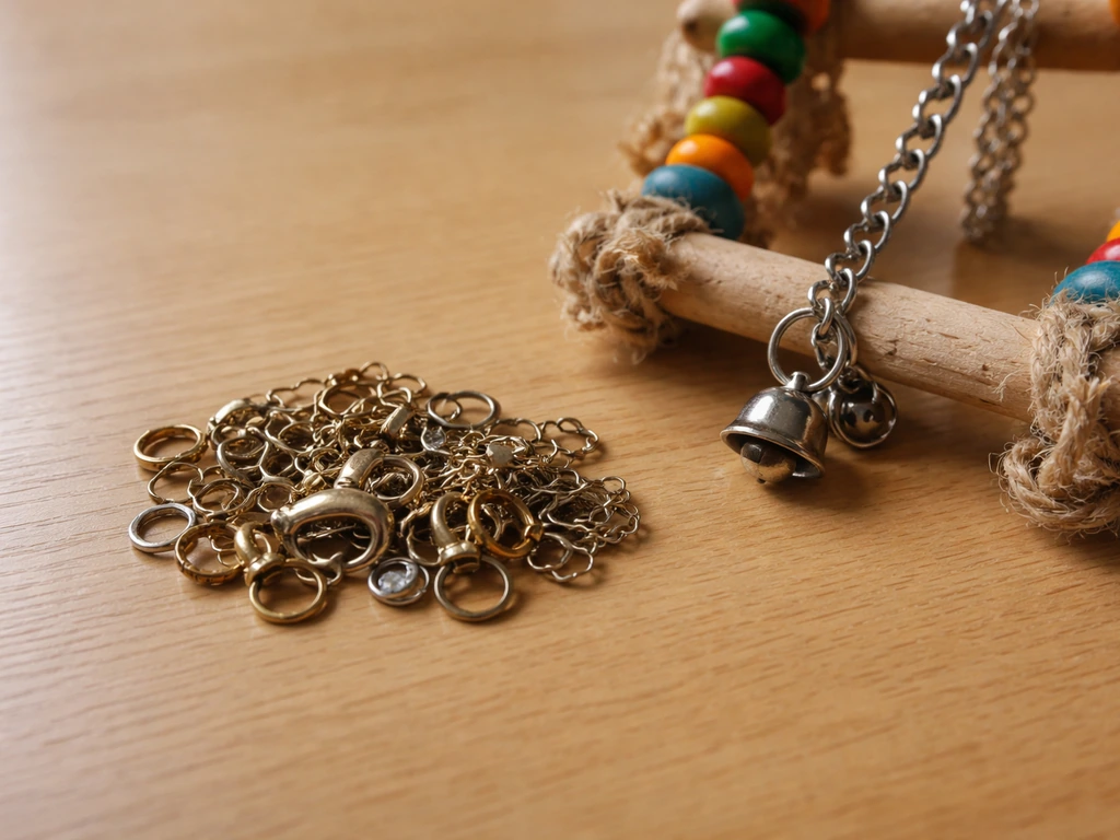 Close-up of costume jewelry pieces and a bird toy with small metal components on a wooden surface