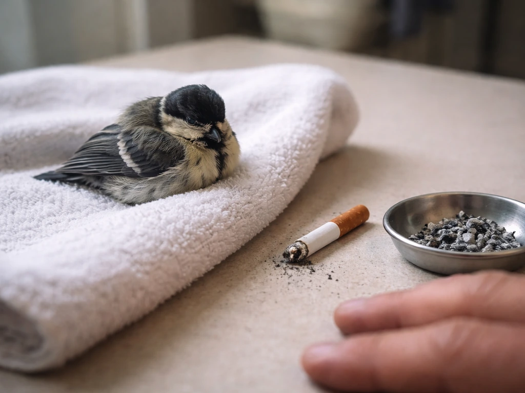 Close-up of a small bird resting near tobacco residue on a caretaker’s soiled hand and ash.